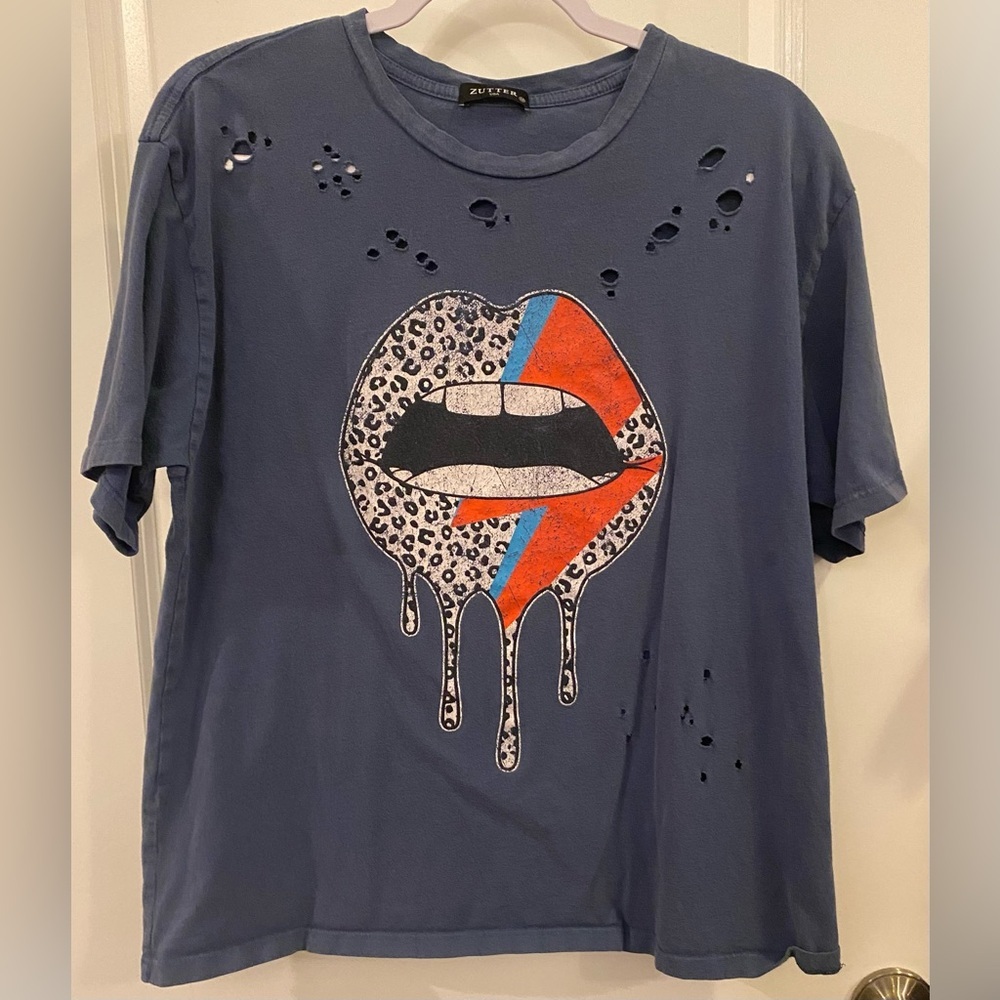 Zutter Lightning Bolt Dripping Lips T-shirt Sz M Blue Wash Distressed USA